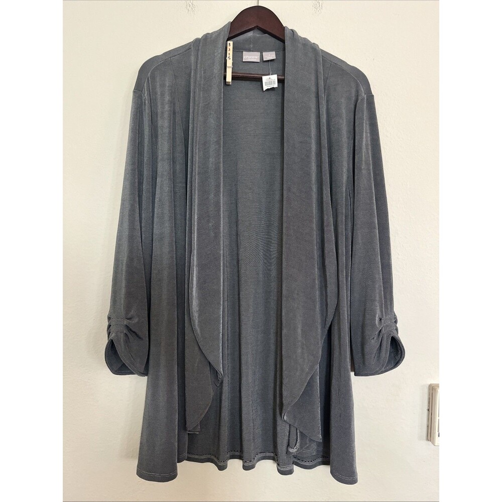 Chico's Travelers Slinky Ruched Sleeve Gray Open Front Draped Cardigan 3 16/18